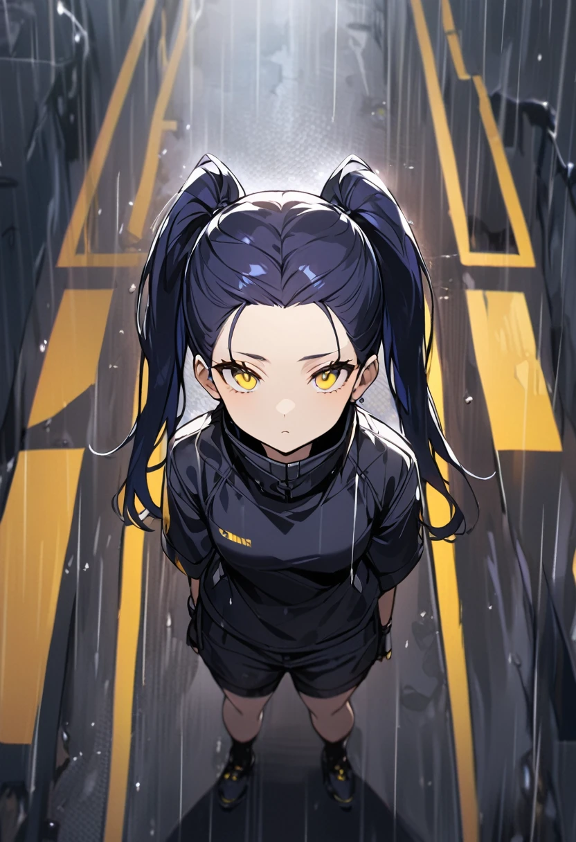 (One person,Very tall woman,Dark navy blue hair,Her hairstyle is twin tails that expose her forehead.,Medium chest,yellow eyes,Black Techwear,Shorts,Top view,The background is a rainy road)