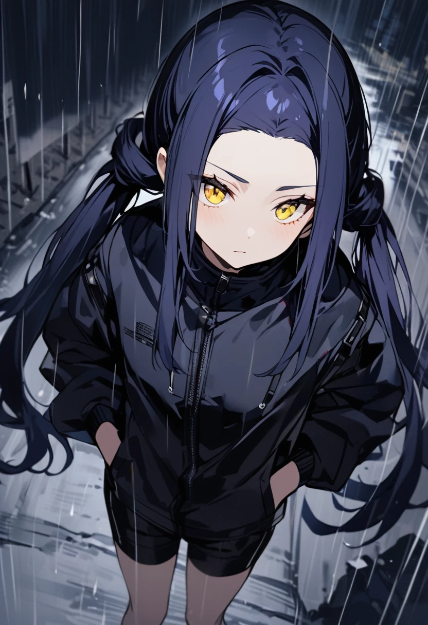 (One person,Very tall woman,Dark navy blue hair,Her hairstyle is twin tails that expose her forehead.,Medium chest,yellow eyes,Black Techwear,Shorts,Top view,The background is a rainy road)