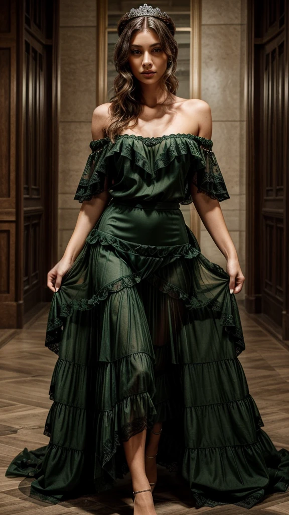 elegant long green princess dress, off the shoulder, flowy, layered skirt, sheer lace detailing, highly detailed, blavk sheer over skirt.