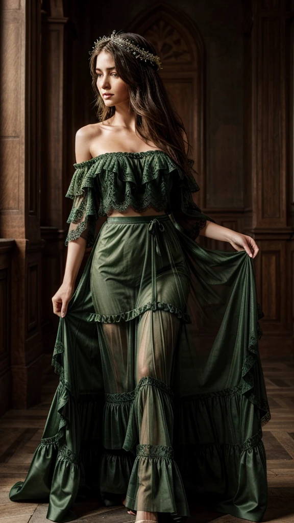 elegant long green princess dress, off the shoulder, flowy, layered skirt, sheer lace detailing, highly detailed, blavk sheer over skirt.