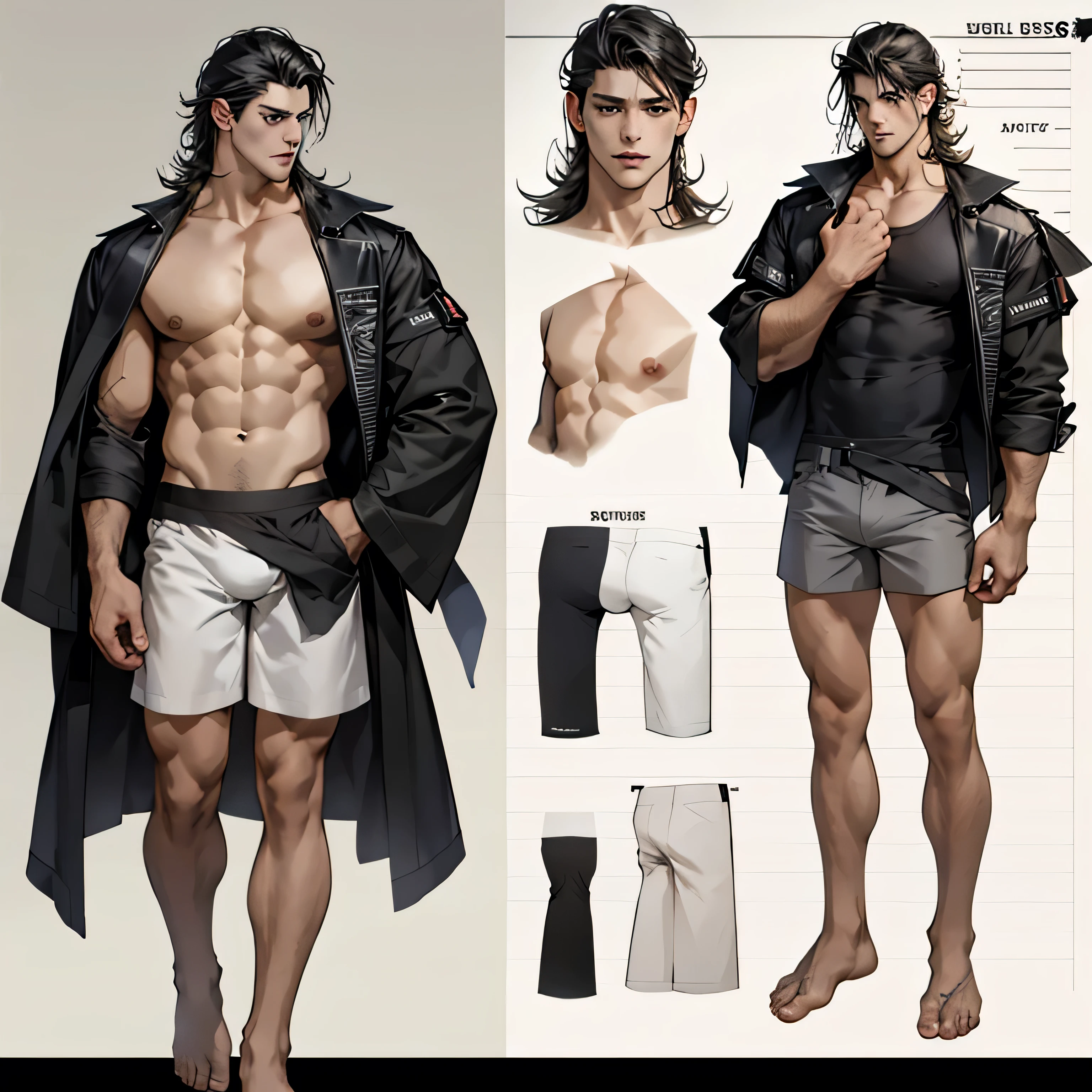 Beautiful anime,handsome guy,Handsome,handsome guy,blushing ref sheet, character sheet, design sheet, black hair, close up view of face, full bodyesbian, grey eyes, medium length hair, nude, white shorts, side view, no clothing, nude, underwear, briefs,, , thighs, full body, slim figure and build, very short shorts, upper leg exposed, cell shaded, cell shading, bare feet,