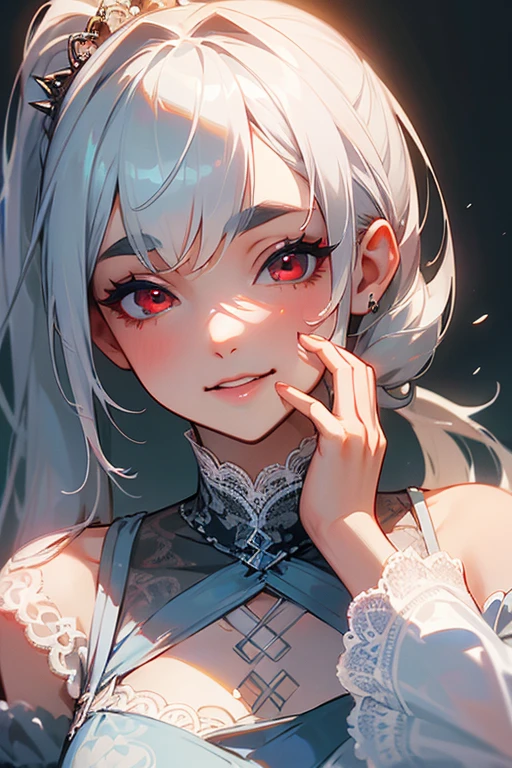 (Highest quality, masterpiece:1.2), (High resolution, 最高masterpiece).(difficult).Very detailed, Realistic:1.37, Fantasy, An illustration,Gray Hair、 Red eyes、Queen, White and blue dress、beautifully、Eyeshadow Red、Thick eyebrows、Long eyelashes、pupils are black、shiny on the lips、Top Sites、Queen、Princess、A kind smile、Show your teeth a little and smile、Soft impression、people々々々Loved by、Slimming the face、Shoulder Bare、ponytail、Kissing Face、Long white hair、Shaggy Bangs、Save face image、((Lace Underwear)).(sexy).