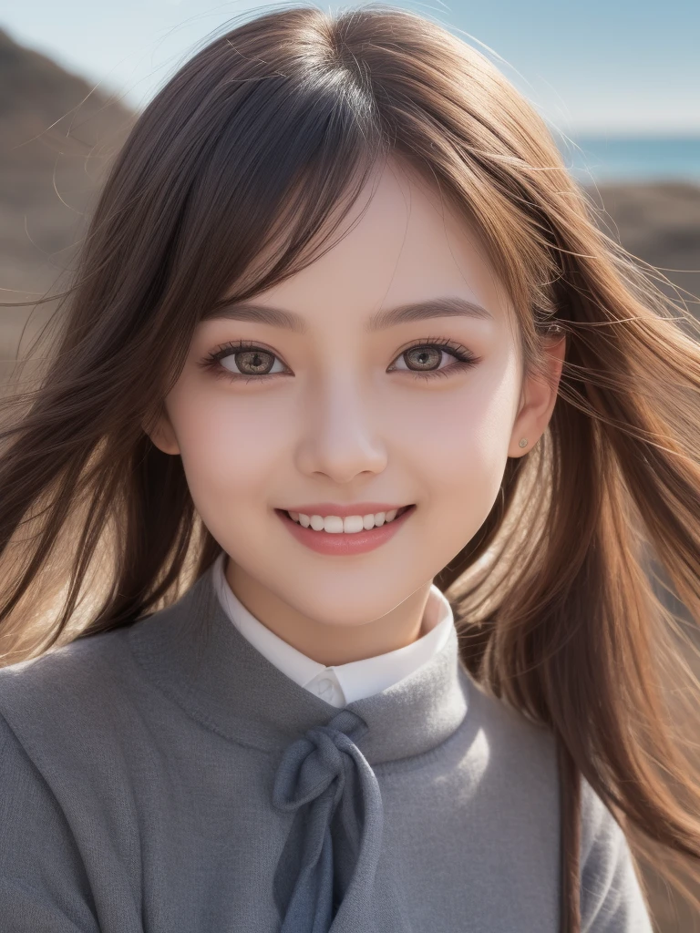 (1woman), kawaii, (round eyes:1.2), (highly detailed face and eyes), (big smile), Amazing face and eyes, (school uniform, pleated mini skirt:1.3), (Best Quality:1.4), (Ultra-detailed), (extremely detailed CG unified 8k wallpaper), Highly detailed, High-definition raw color photos, Professional Photography, Realistic portrait, summer, (beach), (fine face:1.2),