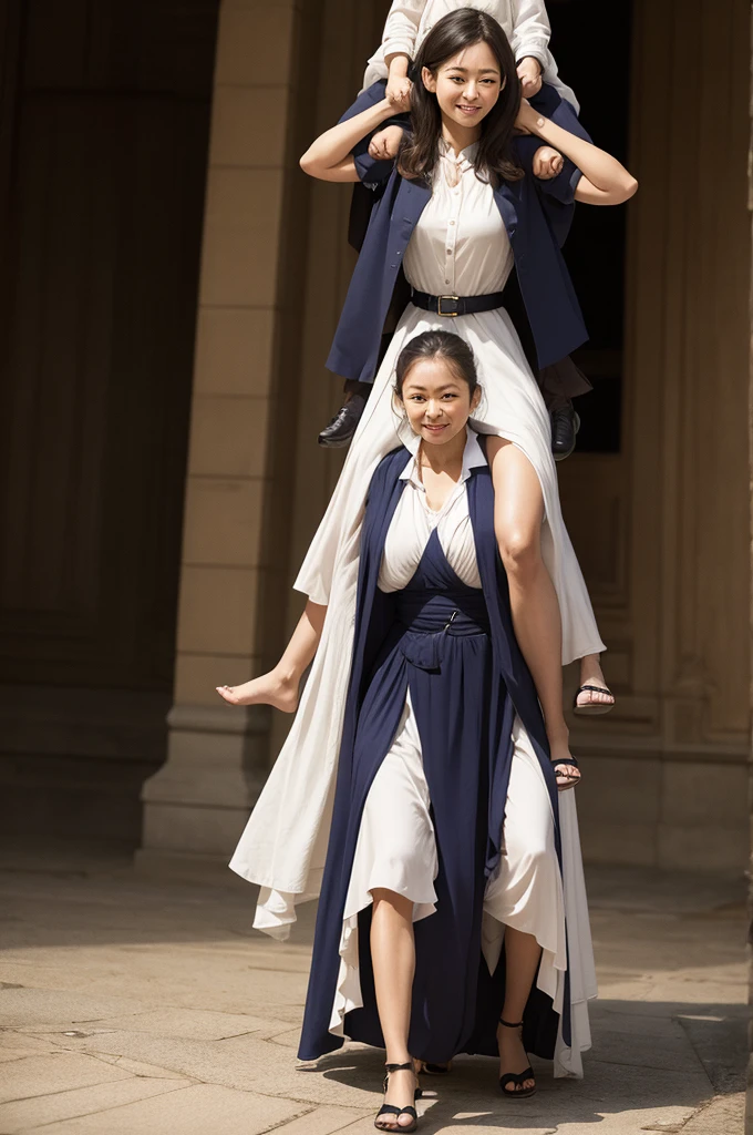A short and strong woman, carrying a tall, thin woman on his back 