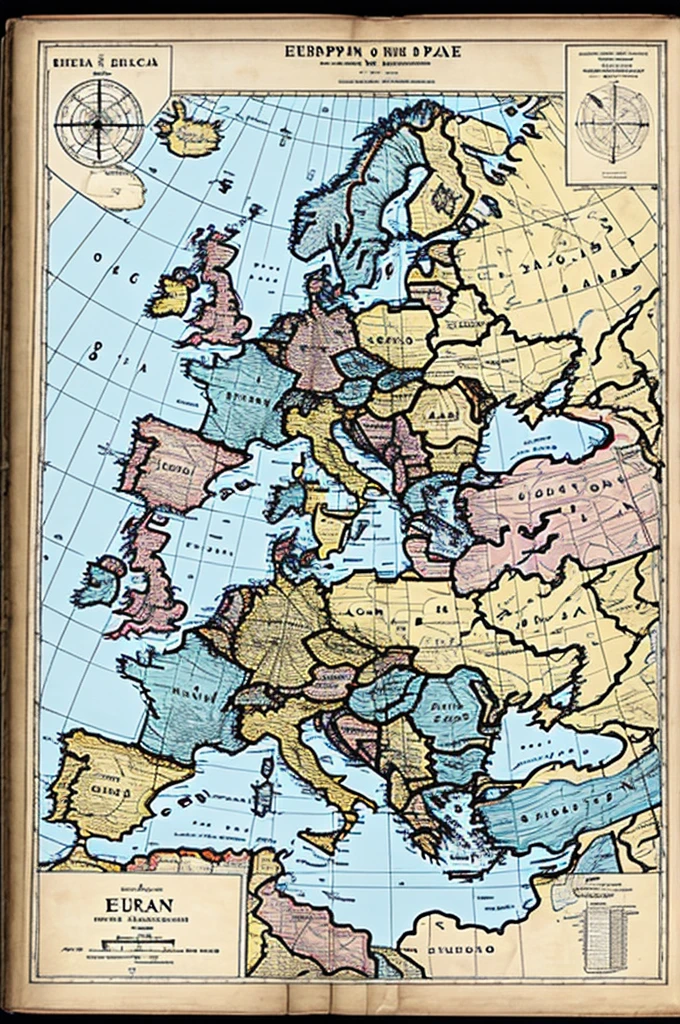 Drawing of a European map before the First World War with country names in Spanish 