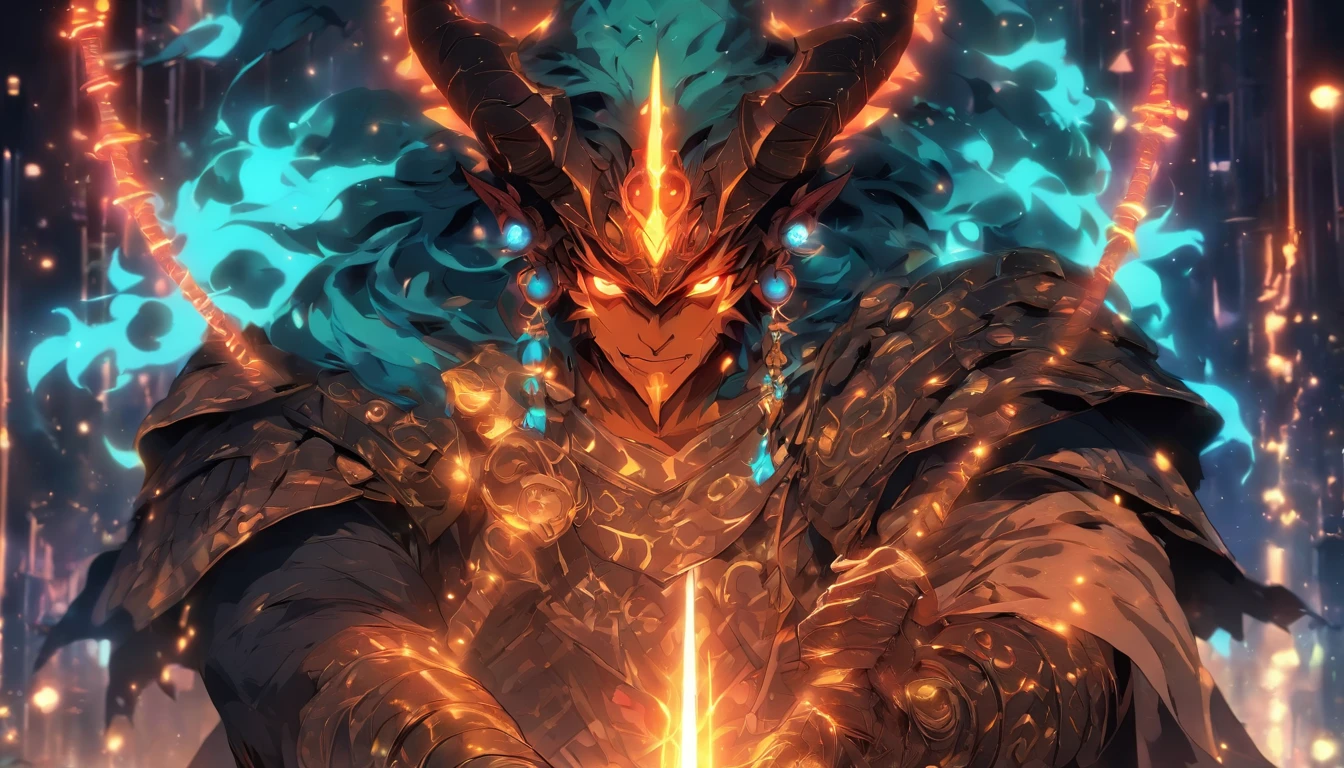 Ancient anime style, artbook, comicbook, RPG, futuristic medieval, steampunk. A demon warrior of light, wearing battle armor with glowing magic markings, dynamic pose, full body, human face with glowing magical tribal tattoos with celestial tones, demon features, golden horns with glowing magic markings, demon tail, demon skin magical pearly stone with glowing carved marks, glowing eyes, using a technological magic long spear with glowing magic circuits. In a metropolis of a celestial kingdom with advanced technology, with tall buildings with neon details, mixing technology with magical vegetation, steampunk. Wide scenery, cinematic scene with several layers of depth, dynamics, magical lighting.