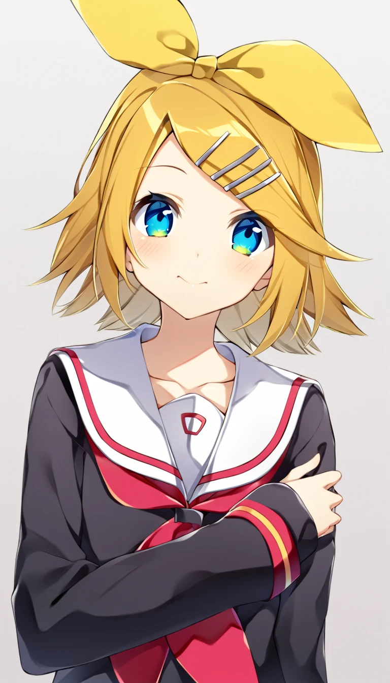 one girl, Kagamine Rin, Vocaloid, blue eyes, simple background, sailor collar, off shoulder, black sleeve, hair clip, hair bow, fourteen years old, cheerful girl, neckerchief