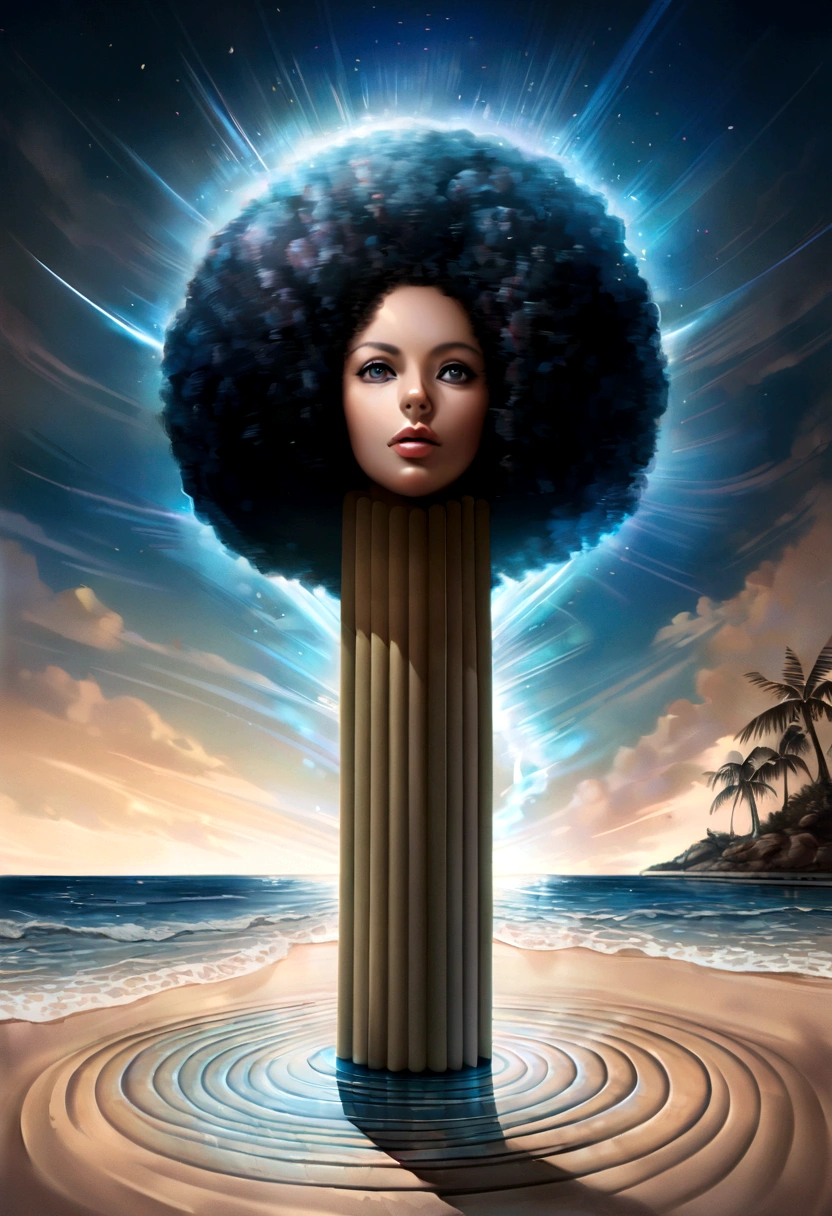 Deserted beach with blue lights, In the style of dynamic energy flow, Realistic Anamorphic Art, I can&#39;t believe how beautiful it is, Pool Core, Precise lines, Sparkling, Afro-Caribbean Influences - AR 9：16