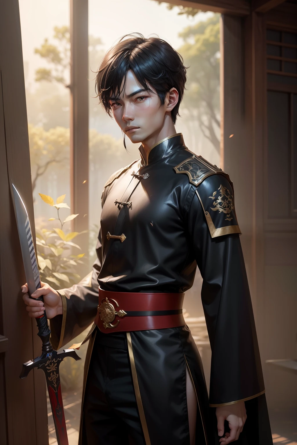 Super cute boy holding a sword from Japan１５Prince of God　１５One-year-old prince　short black bob hair　Young handsome prince with dark eyes　Exterior and special costume of Japan black and metallic red　blinding　Grind your teeth and get angry　Sweat flowing　at the forest　realisitic８K-High Resolution　fundo realisitic　Clear background　one photo　wojtek fus, 由杨J, inspired by Yanjun Cheng, Inspired by Adrian Zing, WLOP e Ross Tran, yangjunchen, chengwei pot at art station, society cg e fenghua zhong, Art inspired by Gwaitz Vojtek FUS, 由杨J, inspired by Yanjun Cheng, Inspired by Adrian Zing, WLOP e Ross Tran, yangjunchen, chengwei pot at art station, society cg e fenghua zhong, non-style artwork by guweiz　UnrealEngine