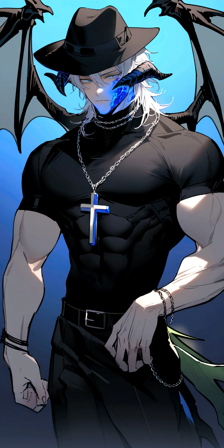 homen,Strong muscles, White hair, best qualityer, black top shirt with Los name in blue, blue and black clothes, Dragon Wings, black cloth on face, silver cross chain on neck, black long-brimmed fedora hat with black and blue dragon horns on the hat, blue aura