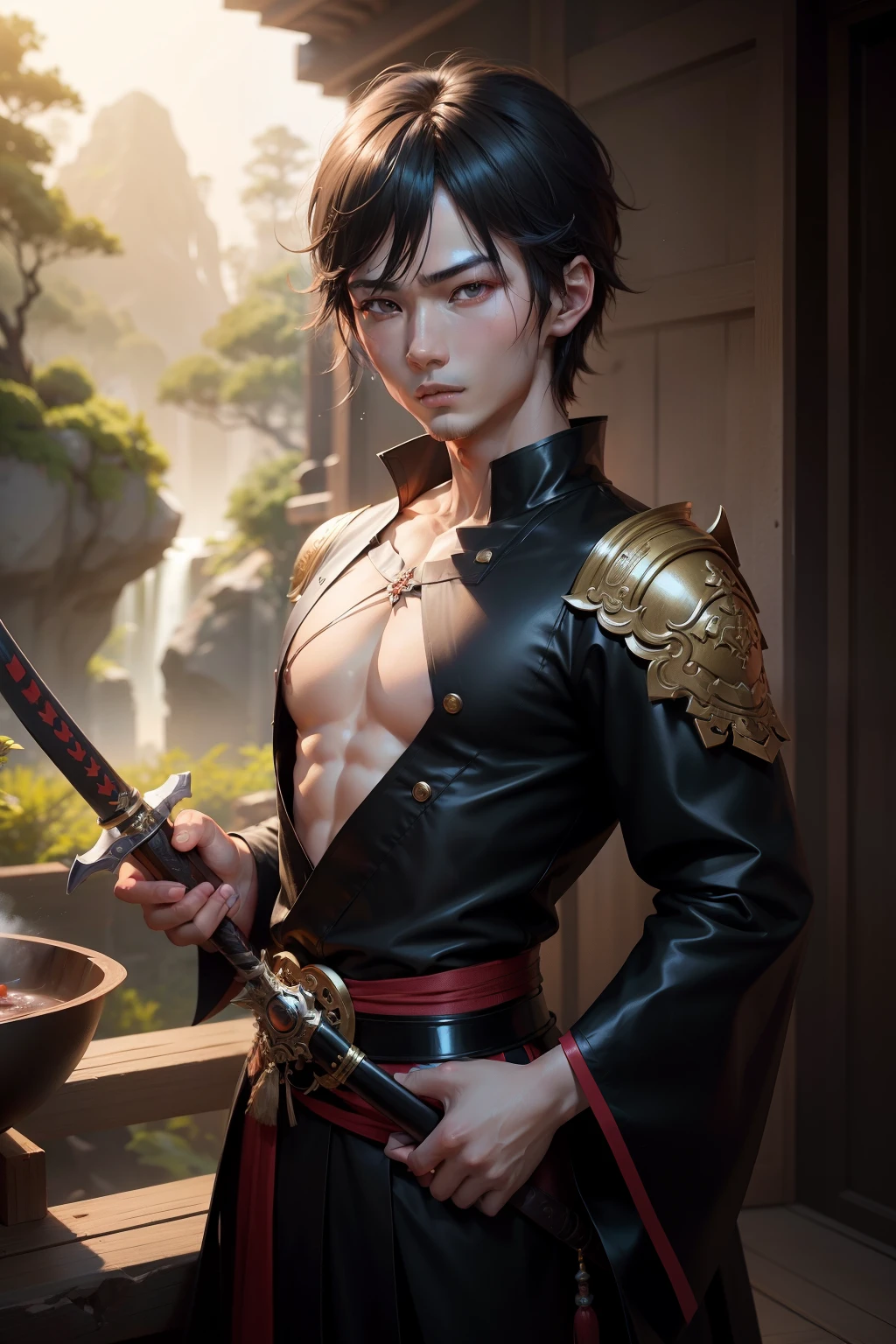 Super cute boy holding a sword from Japan15Prince of God 15One-year-old prince short black bob hair Young handsome prince with dark eyes Exterior and special costume of Japan black and metallic red blinding Grind your teeth and get angry Sweat flowing at the forest realisitic8K-High Resolution fundo realisitic Clear background one photo wojtek fus, 由杨J, inspired by Yanjun Cheng, Inspired by Adrian Zing, WLOP e Ross Tran, yangjunchen, chengwei pot at art station, society cg e fenghua zhong, Art inspired by Gwaitz Vojtek FUS, 由杨J, inspired by Yanjun Cheng, Inspired by Adrian Zing, WLOP e Ross Tran, yangjunchen, chengwei pot at art station, society cg e fenghua zhong, non-style artwork by guweiz UnrealEngine