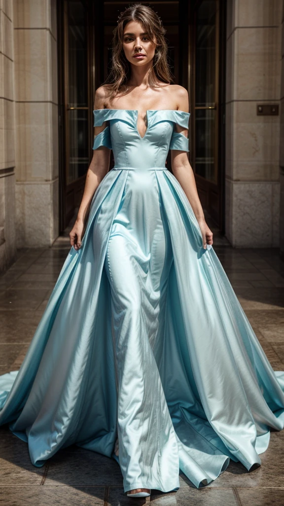 elegant long princess dress made of glass, off the shoulder.