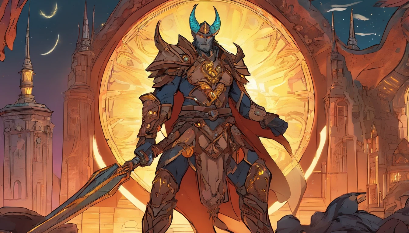 Ancient anime style, artbook, comicbook, RPG, futuristic medieval, steampunk. A demon warrior of light, wearing battle armor with glowing magic markings, dynamic pose, full body, human face with glowing magical tribal tattoos with celestial tones, demon features, golden horns with glowing magic markings, demon tail, demon skin magical pearly stone with glowing carved marks, glowing eyes, using a technological magic long spear with glowing magic circuits. In a metropolis of a celestial kingdom with advanced technology, with tall buildings with neon details, mixing technology with magical vegetation, steampunk. Wide scenery, cinematic scene with several layers of depth, dynamics, magical lighting.