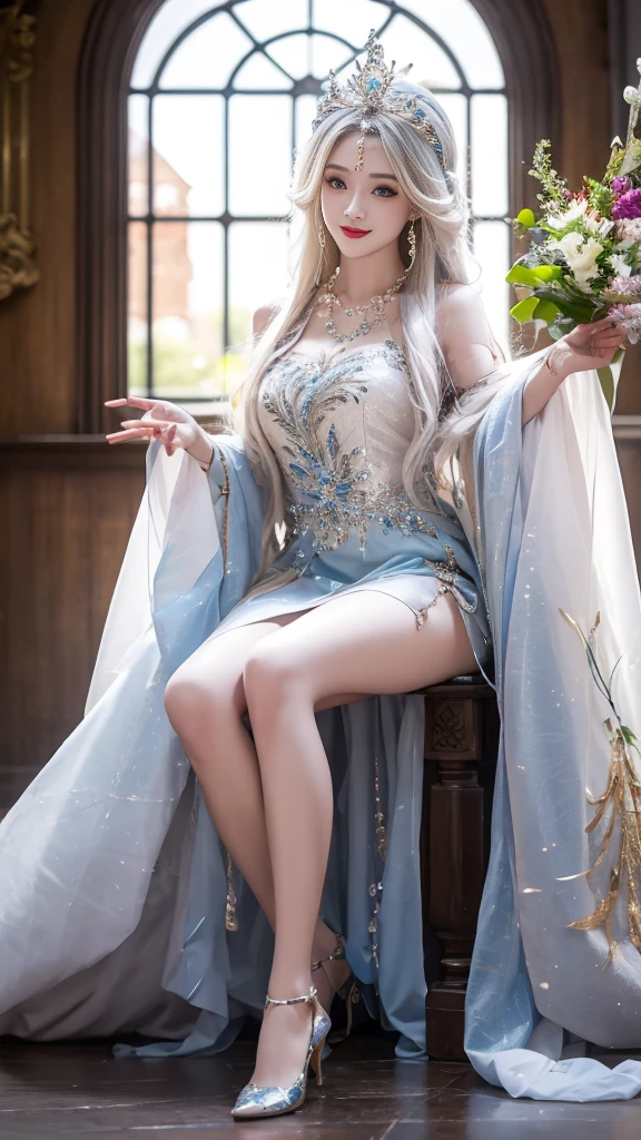 ((Knee Shot)), Arapefe, Looking at the camera, wear high heel shoes,Put on the crown,necklace,Smile,Shoot at random angles,By the window, In the castle, transparency,(extra large ,1.5),Turn around and look at the camera,masterpiece,Flawless,transparency,Ethereal,More details and decorations,Show your thighs,Sexy slender legs, 8K,(Wearing rings and other accessories,1.9),White skin,Gorgeous decoration,A girl,(Anatomically correct,high quality, High Detail, masterpiece)