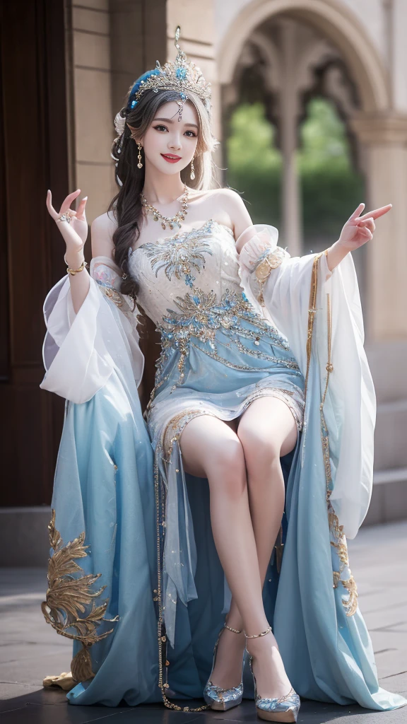  ((Knee Shot)), Arapefe, Looking at the camera， wear high heel shoes，Put on the crown，necklace，Smile，Shoot at random angles，By the window, In the castle, transparency，（extra large ，1.5），Turn around and look at the camera，masterpiece，Flawless，transparency，Ethereal，More details and decorations，Show your thighs，Sexy slender legs, 8K，（Wearing rings and other accessories，1.9），White skin，Gorgeous decoration，A girl，(Anatomically correct，high quality, High Detail, masterpiece）