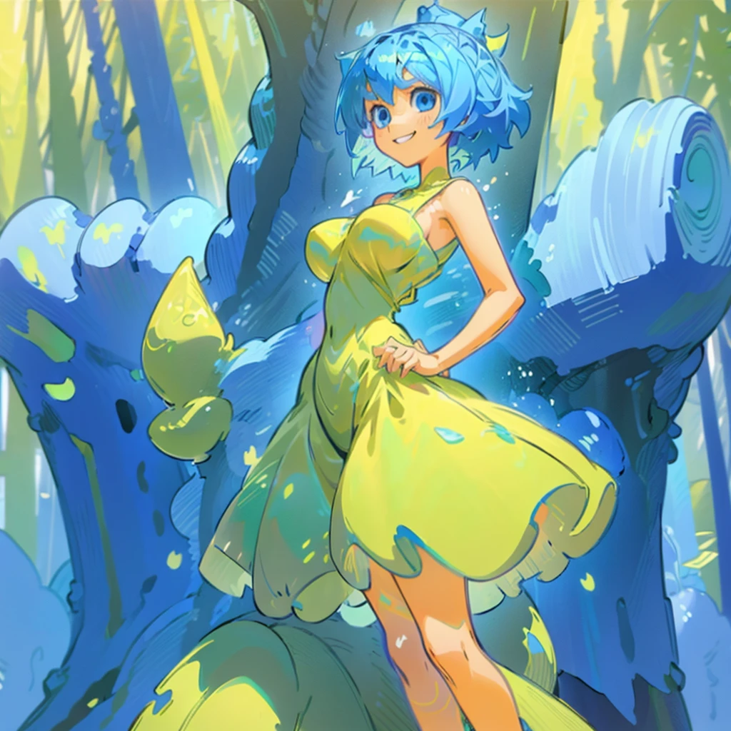 (masterpiece), ((perfect anatomy)), (high Res), (4k), joy, blue eyes, blue hair, yellow skin, huge breast, wide hips, (((green dress))), happy, (((anime artstyle))), (((solo))), narrow waist, (in a forest)