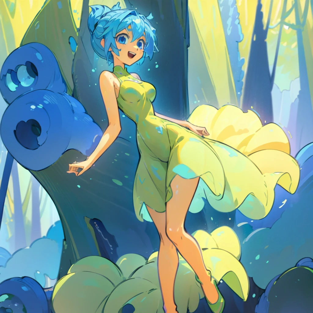 (masterpiece), ((perfect anatomy)), (high Res), (4k), joy, blue eyes, blue hair, yellow skin, huge breast, wide hips, (((green dress))), happy, (((anime artstyle))), (((solo))), narrow waist, (in a forest)