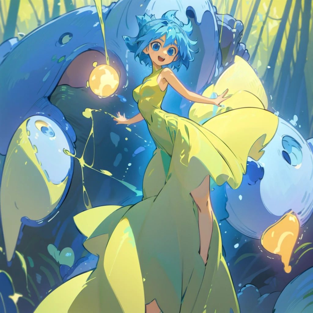 (masterpiece), ((perfect anatomy)), (high Res), (4k), joy, blue eyes, blue hair, yellow skin, huge breast, wide hips, (((green dress))), happy, (((anime artstyle))), (((solo))), narrow waist, (in a forest)