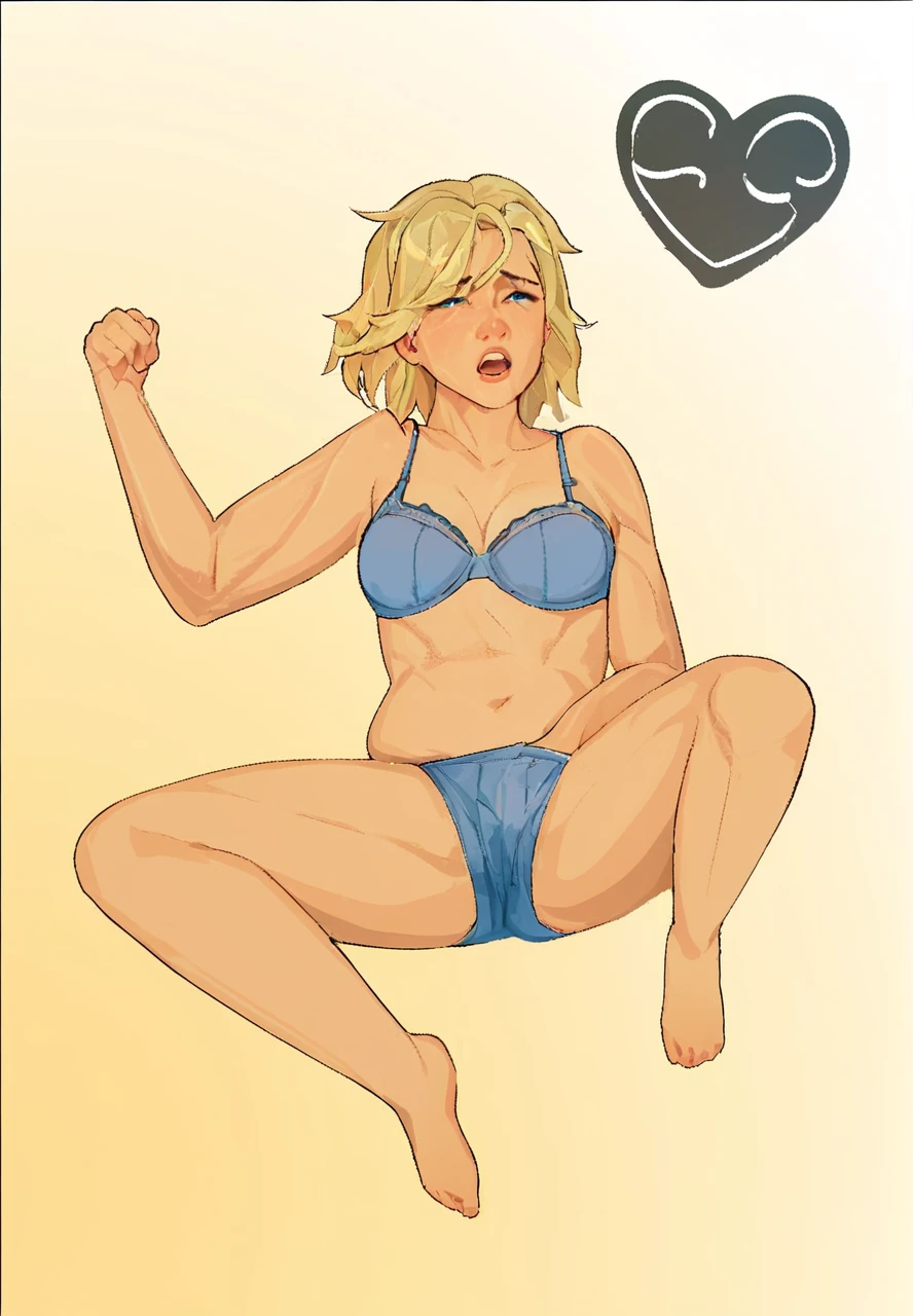 score_9,score_8_up,score_7_up,score_6_up ,source_overwatch score_9, score_8_up, score_7_up, 1woman, solo, mercy \(overwatch\), high quality,open hair long hair, blue bra, blue panty, hand in pants, ecstasy face, open mouth