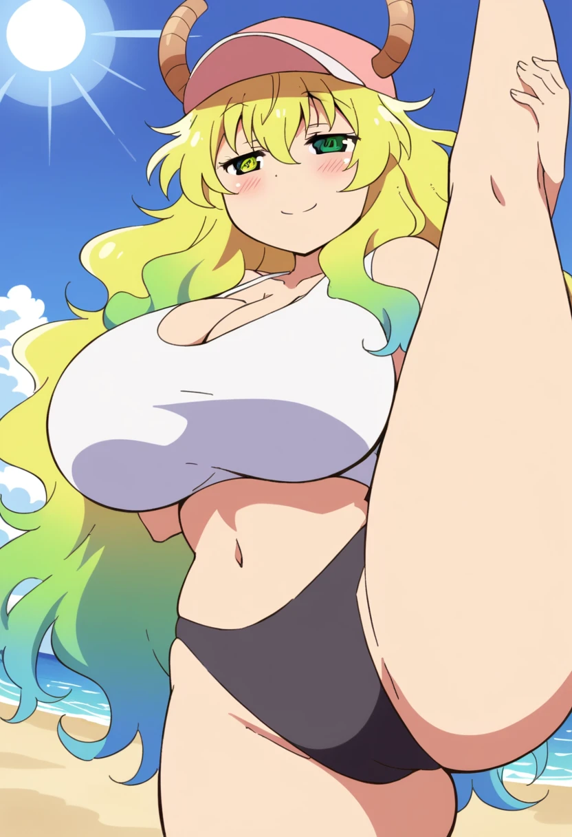 anime art style, 2d, masterpiece, best quality, very aesthetic, absurdres, dynamic shadows, atmosferic, lucoa_md, (1girl), (blonde hair), long hair, (gradient hair), green hair, blue hair, heterochromia, green eye, yellow eye, ahoge, hair between eyes, bangs, big breasts, cleavage, curvy body, collarbone, makeup, blush, (sexy smile), horns, hat, pink baseball cap, white crop top, black thong, sexy smile, (cowboy shot), (standing split), (from below), beach, clouds, sky, sun