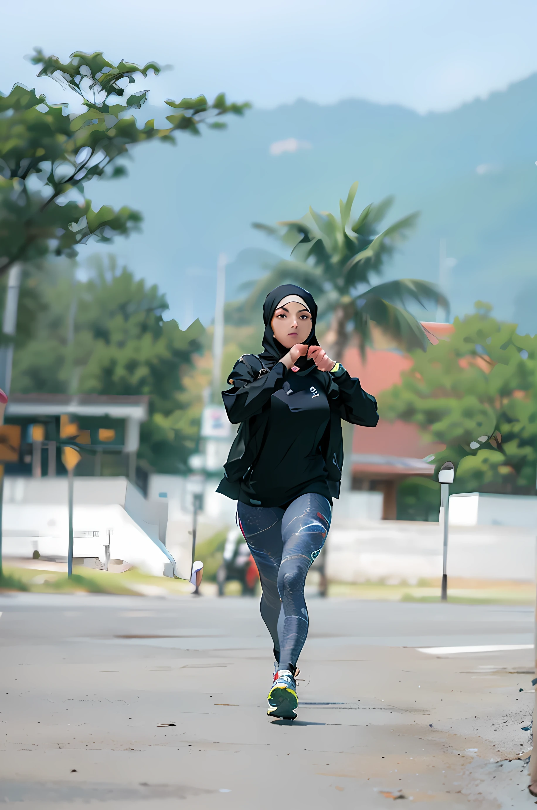 (Best quality,A high resolution,Ultra-detailed,Realistic:1.2),2023 skinny runner, woman wearing hijab, love hand pose(promotional poster)。