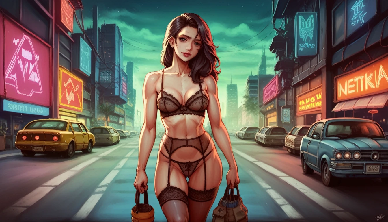 a woman in 1980s style,sexy,on the street in lingerie,holding a bazooka,highly detailed,photorealistic,HDR,ultra-detailed,masterpiece,striking pose,dramatic lighting,neon colors,retrofuturistic,gritty urban environment