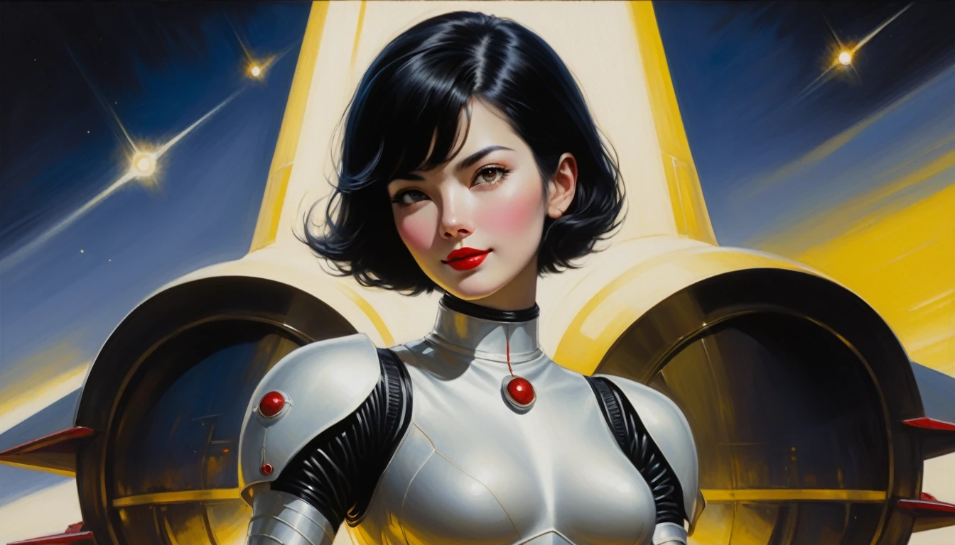 High-quality realistic acrylic painting, VIVID COLORS, back point a view, a beautiful vintage woman with short black straight hair, looking at the viewer with suspicious face and a shy smile, red lips, she wears white space Lackluster armor, hands in the waist, dramatic yellow lights, background night in 60´s rocket launch platform
