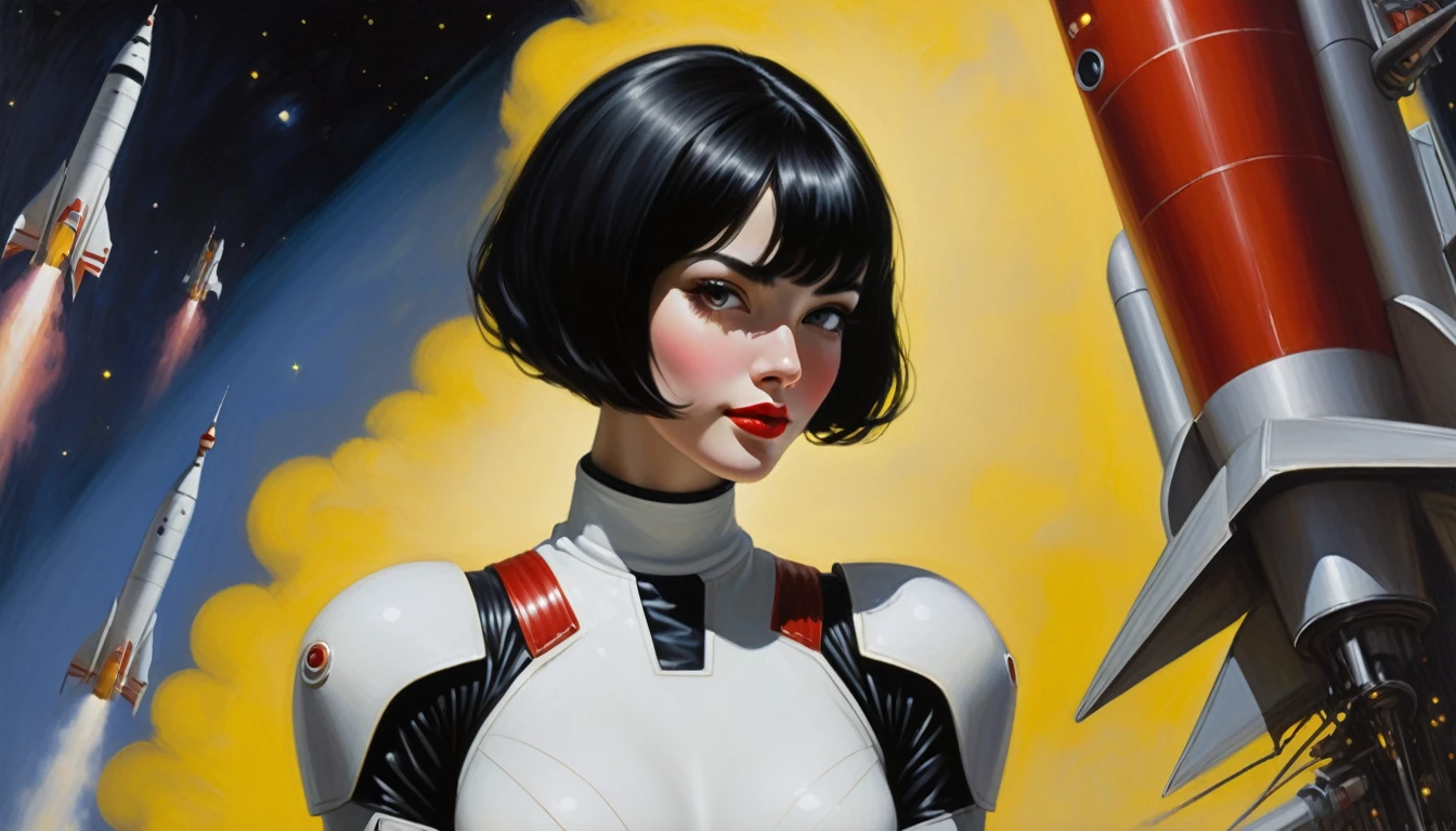 High-quality realistic acrylic painting, VIVID COLORS, back point a view, a beautiful vintage woman with short black straight hair, looking at the viewer with suspicious face and a shy smile, red lips, she wears white space Lackluster armor, hands in the waist, dramatic yellow lights, background night in 60´s rocket launch platform
