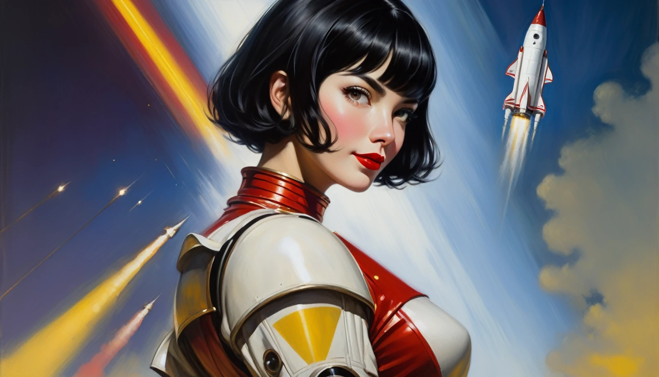 High-quality realistic acrylic painting, VIVID COLORS, back point a view, a beautiful vintage woman with short black straight hair, looking at the viewer with suspicious face and a shy smile, red lips, she wears white space Lackluster armor, hands in the waist, dramatic yellow lights, background night in 60´s rocket launch platform