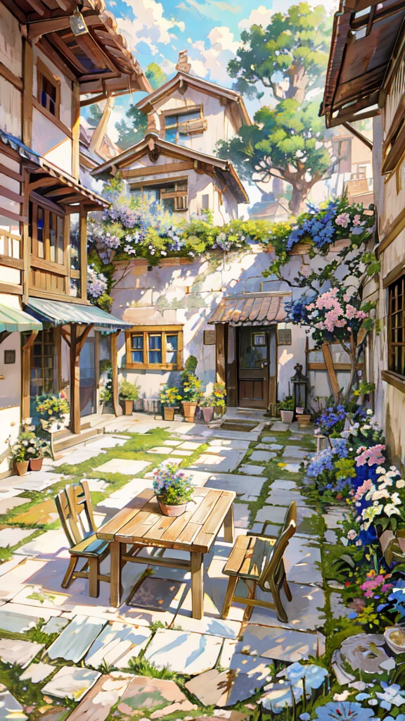 painting of a courtyard with a table and chairs and a bench, anime background art, relaxing concept art, anime scenery concept art, immensely detailed scene, a beautiful artwork illustration, detailed scenery —width 672, studio ghibli environment, highly detailed scene, environment design illustration, beautiful anime scene, ghibli studio style, anime scenery, detailed soft painting, environment painting