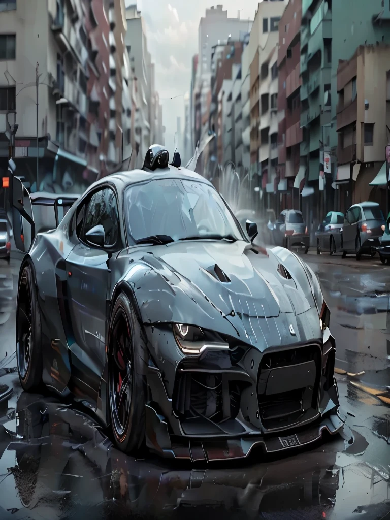 Um carro futurista TOYOTA, Spreading water on all sides of a cyberpunk city. The city is full of neon lights, nevoeiro e alto, angular buildings. The car is black and red and has an aggressive and elegant appearance. The wheels are big and shiny and the tires are full of grooves. The body of the car is aerodynamic and has many straight and angular lines. The car is going very fast and the wind is blowing hard through the driver's hair. The city lights are flashing and fog is moving down the runway. The car is in a world of its own speed and power
