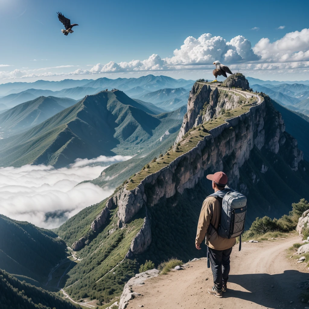 I need you to make a type of traveler with a backpack And of landscapes like a background between 2 mountains that he goes in the middle And in the sky it has been sunny And clear without clouds with a bald Ávila And a Mexican eagle in drawing please As a type for a company a logo