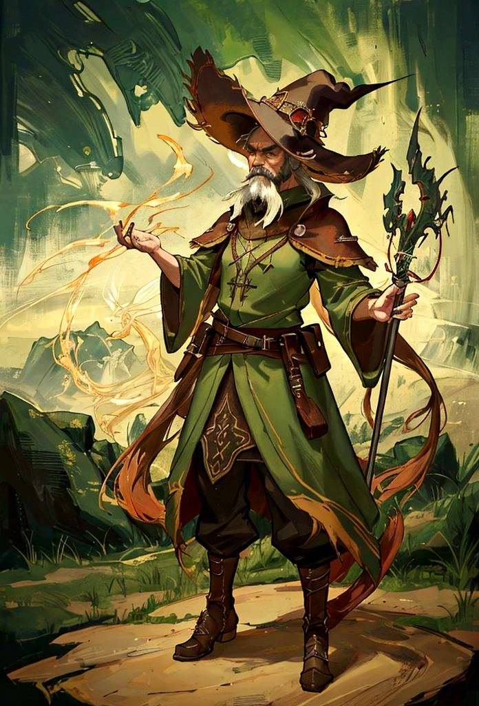 a wizened old mage with a long, grizzled beard, tired eyes, a pointed green hat, holding a large red staff with a brown base, highly detailed, photorealistic, 8K, masterpiece, intricate details, cinematic lighting, dramatic atmosphere, fantasy art, oil painting