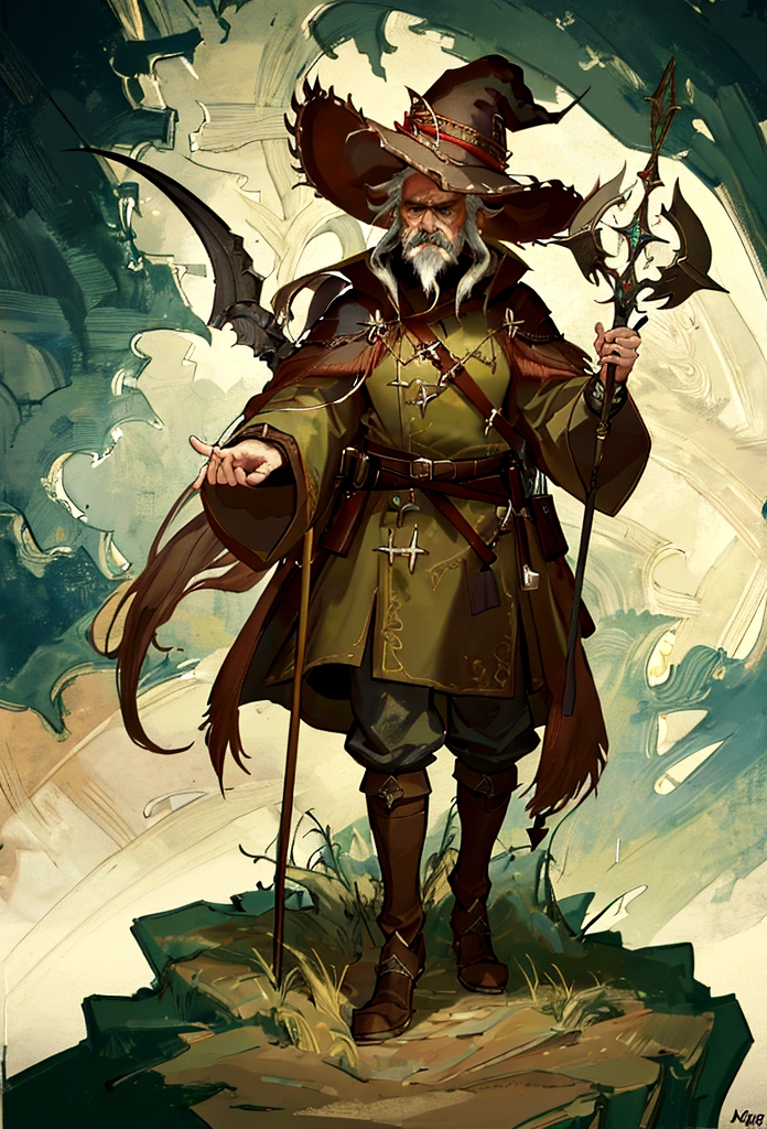 a wizened old mage with a long, grizzled beard, tired eyes, a pointed green hat, holding a large red staff with a brown base, highly detailed, photorealistic, 8K, masterpiece, intricate details, cinematic lighting, dramatic atmosphere, fantasy art, oil painting