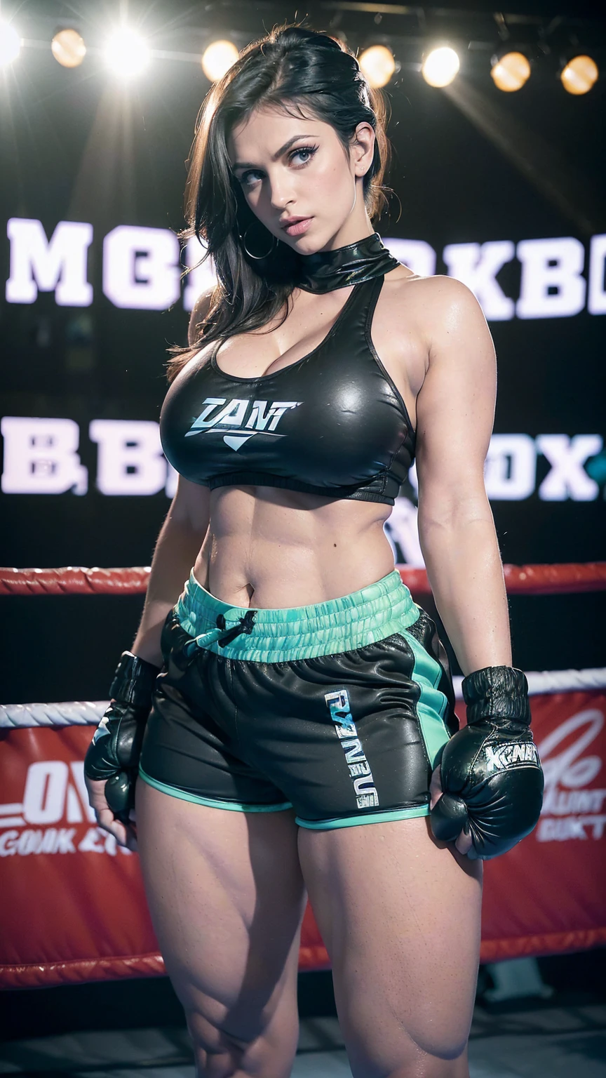 Busty thicc mature DeniseMilani, tanned skin, cute, sexy, bimbo, sexy attractive face, jet-black hair, green eyes, ((black boxing shorts:1.3)), (skimpy boxing shorts:1.3)), ((boxing boots)), ((thicc:1.5)), ((muscular legs:1.3)), ((thick thighs)), firm perfectly round butt, intimidating pose in a boxing ring, ((sexy black boxing shorts:1.3)), (full body portrait:1.3),