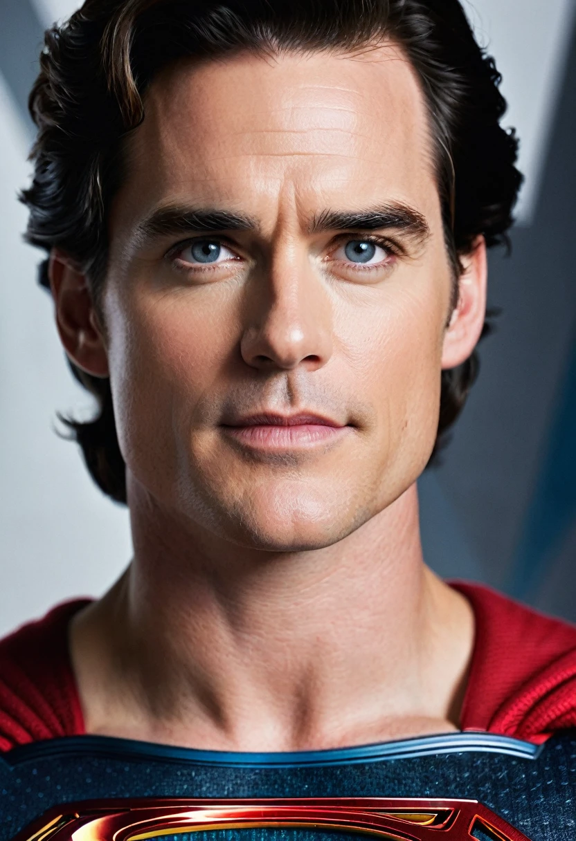(((Extreme close-up Matt Bomer under the mantle of Clark Kent aka Superman Front Images Color Images Splash suit Man Of Steel movie)))