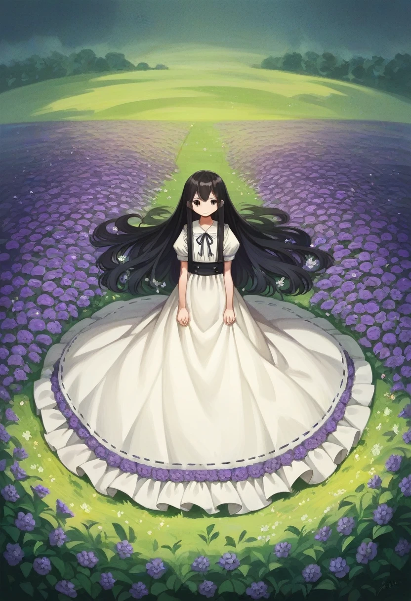 Kizi, アニメ, Kizi fofa アニメ, Neutral, Bblack hair, Eyes red, fully body, field of flowers, purple flowers, sunny weather, shorth hair, 