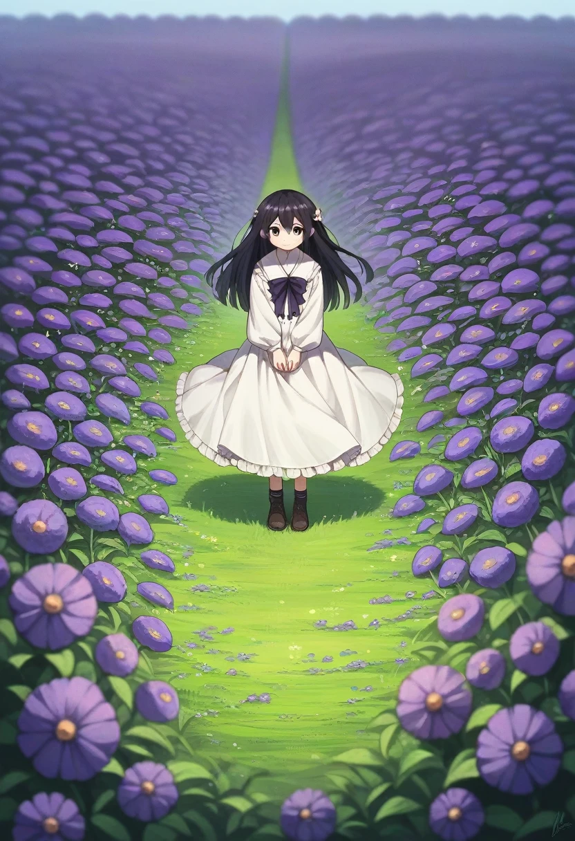 Kizi, アニメ, Kizi fofa アニメ, Neutral, Bblack hair, Eyes red, fully body, field of flowers, purple flowers, sunny weather, shorth hair,
