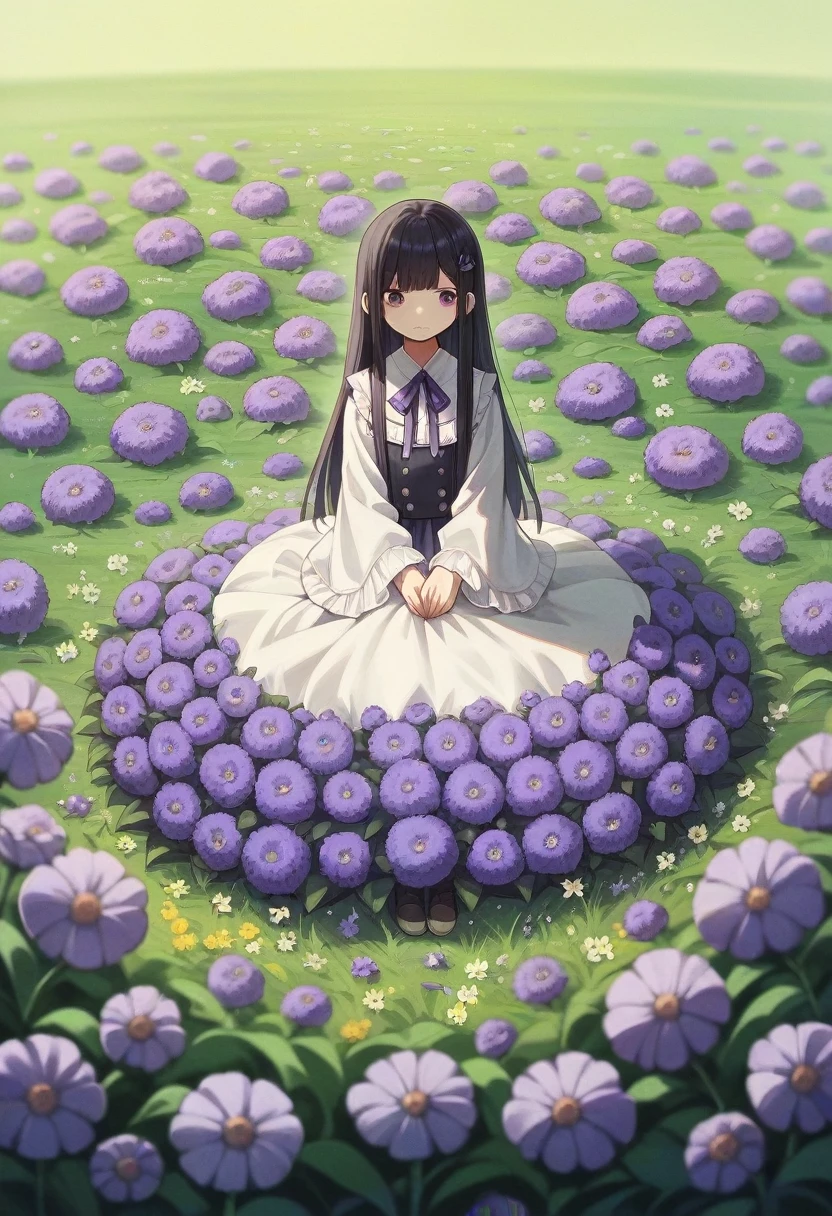 Kizi, アニメ, Kizi fofa アニメ, Neutral, Bblack hair, Eyes red, fully body, field of flowers, purple flowers, sunny weather, shorth hair,