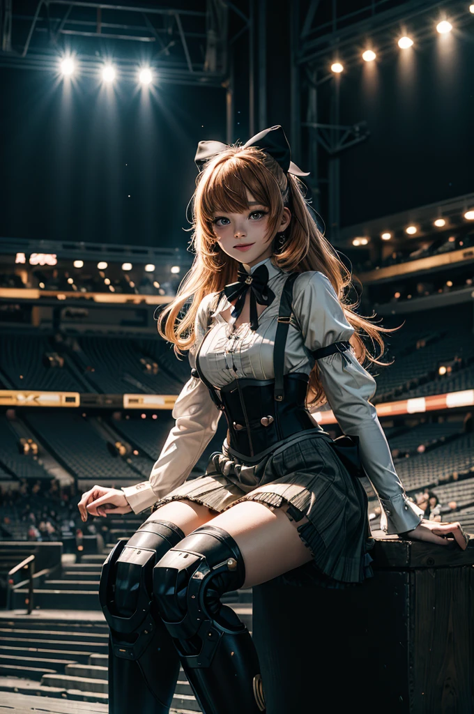 cowboy shot, (dynamic pose), smile,  underbust, Penny Polendina, long hair, neck ribbon, suspender skirt, corset, black bow, white blouse, mechanical legs, neon trim, sitting, in sport stadium, spectators, crowd, BREAK night, stars, moon, snow, BREAK  (volumetric lighting), intricate details, tonemapping, sharp focus, hyper detailed

