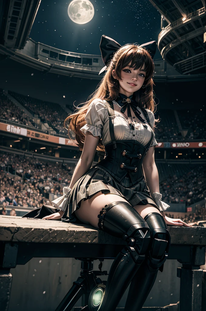 cowboy shot, (dynamic pose), smile,  underbust, Penny Polendina, long hair, neck ribbon, suspender skirt, corset, black bow, white blouse, mechanical legs, neon trim, sitting, in sport stadium, spectators, crowd, BREAK night, stars, moon, snow, BREAK  (volumetric lighting), intricate details, tonemapping, sharp focus, hyper detailed

