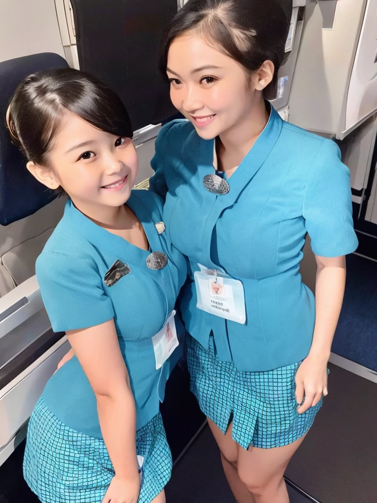 Highest quality、masterpiece、、Very detailed、Realistic、(Young face:1.4)、(Looks like an :1.4)、(Two Girls)、(Looking at me with a mischievous smile)、whole body、Small face、Narrow shoulders、(Big Breasts:1.2)、Thin and beautiful legs、Tight and slim waist、(Cabin attendant uniform with buttons and collar:1.2)、(Tight mini skirt:1.1)、Short Hair、(Erect nipples:1.1)