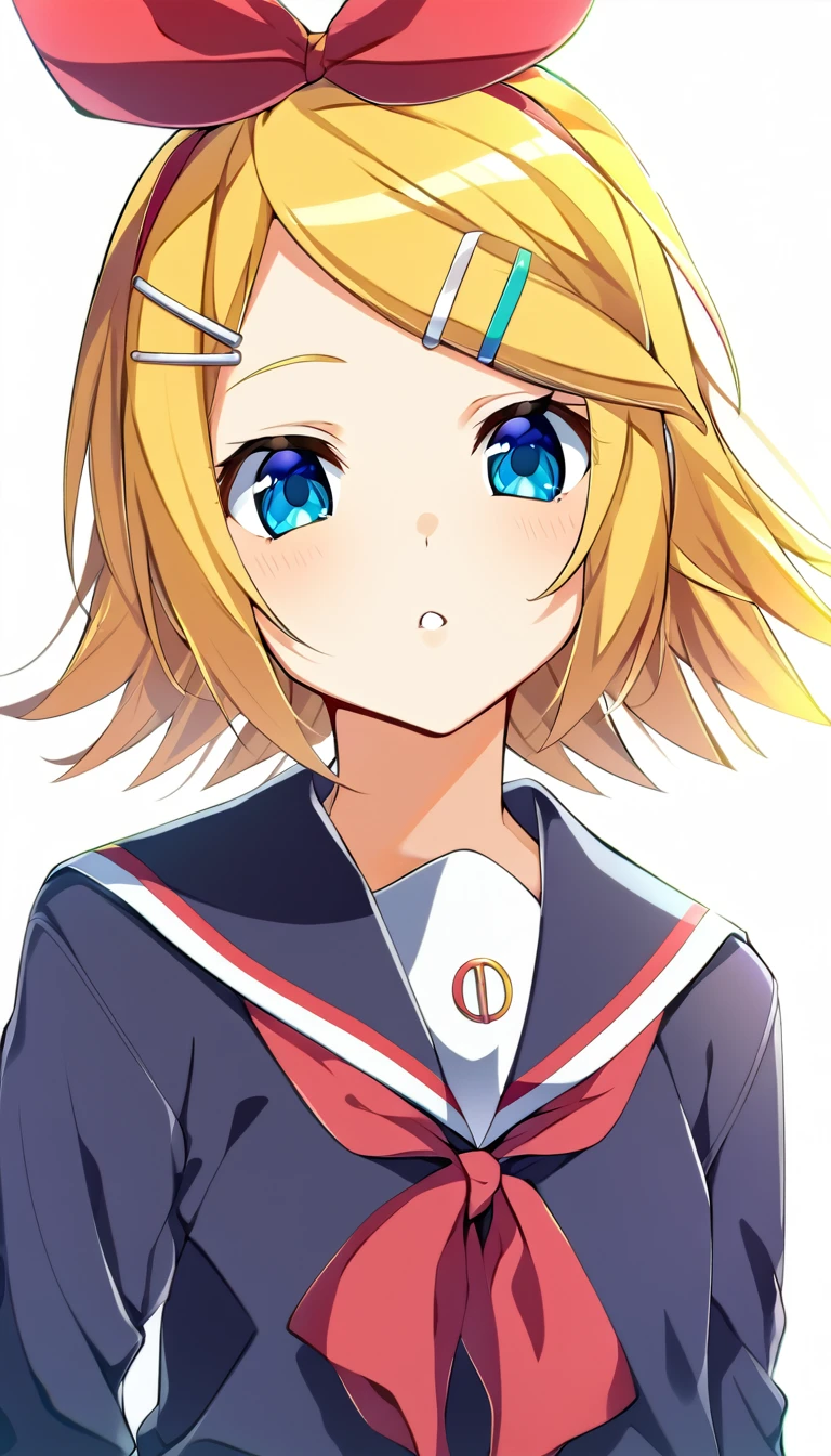 one girl, Kagamine Rin, Vocaloid, blue eyes, simple background, sailor collar, hair clip, hair bow, 