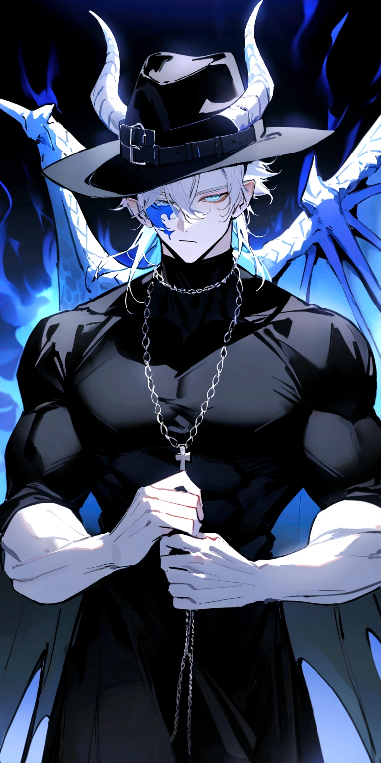 homen,Strong muscles, White hair, best qualityer, black top shirt with Los name in blue, blue and black clothes, Dragon Wings, black cloth on face, silver cross chain on neck, black long-brimmed fedora hat with black and blue dragon horns on the hat, blue aura