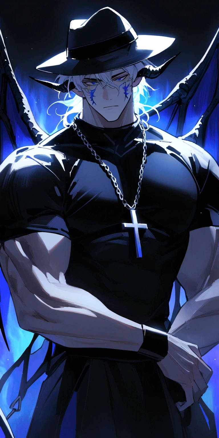 homen,Strong muscles, White hair, best qualityer, black top shirt with Los name in blue, blue and black clothes, Dragon Wings, black cloth on face, silver cross chain on neck, black long-brimmed fedora hat with black and blue dragon horns on the hat, blue aura