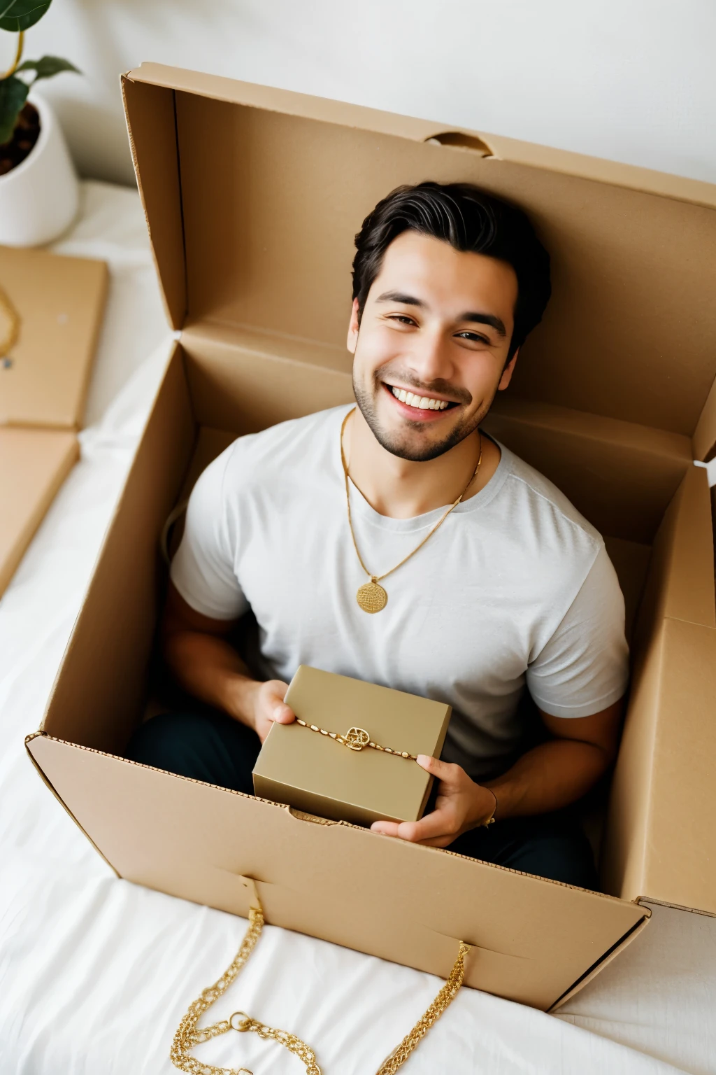 Man happily seeing a little box with a necklace