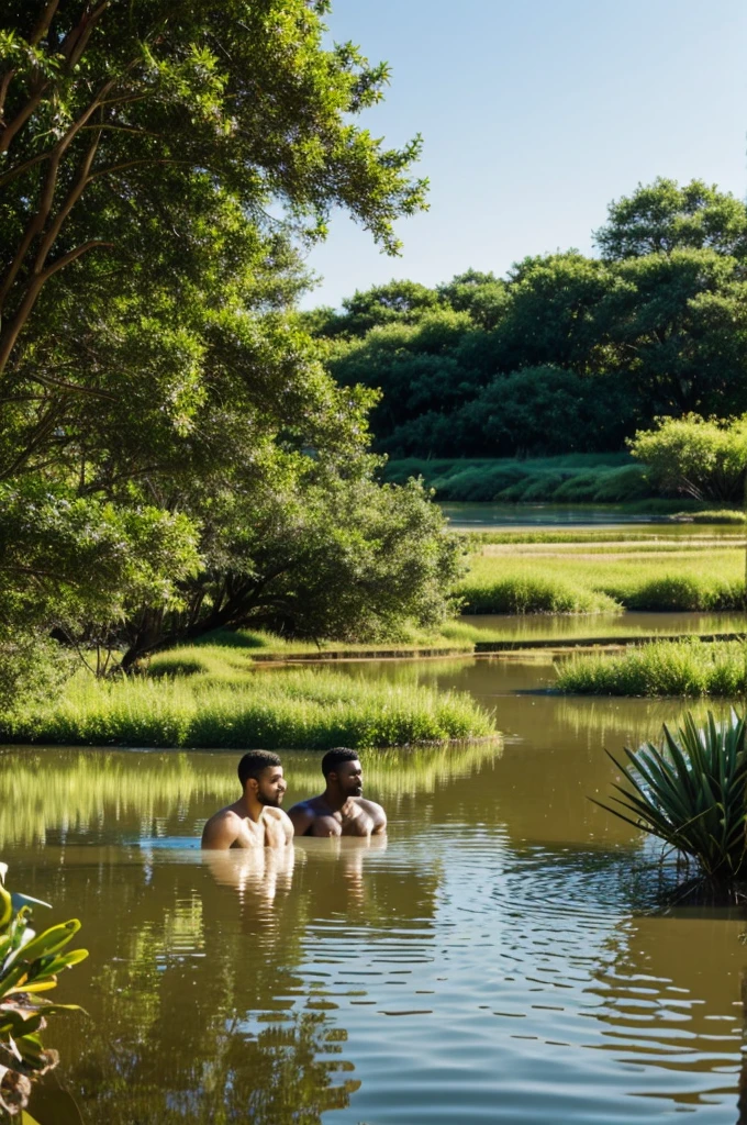 Two men bathing in a lagoon