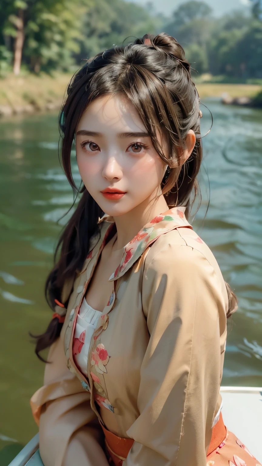(Really meticulous CG),(((8K))),wallpaper,((Incredibly stylish and beautiful)),(((masterpiece))),(((best quality))),(((ultra high resolution))),A beautiful light came on,Realistic Shading,(Smooth, flawless skin:1.5),Very exquisite facial details,(very detailed:1.5),((Beautiful girl,alone)),Punt, Vietnamese farmer hat, 베트남 twisted hat, Nongra, twisted hat, (short ponytail:1.2),(small head:1.2),(slim 얼굴:1.2),(exquisite makeup:1.3),(happy:1.2),(laugh:1.2),(perfect body:1.1),(sun tan skin:1.5),(dark bronze skin skin:1.5),(blush:1.3),(red floral collar shirt:1.5),(long sleeves:1.2),((slim,thin)),(slim 다리:1.2),(dark green pants:1.3),(from the front:1.3),(seat:1.3),(on a small fishing boat :1.3),(River:1.5),(outdoor:1.2),(early spring:1.3),(Daytime Scene:1.5),(bright afternoon sunlight:1.3),(upper body:1.3), large breasts