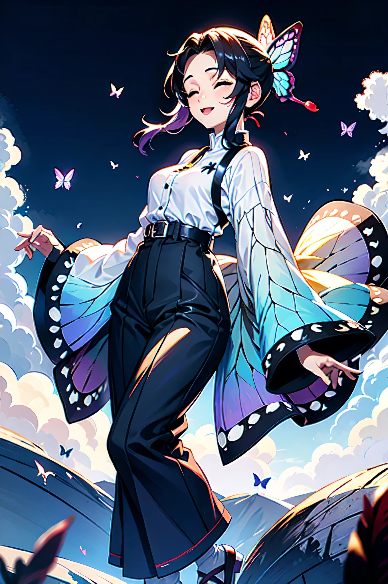 shinobu, 1girl, open breast, sexy, solo, smile, short hair, black hair, hair ornament, long sleeves, standing, full body, closed eyes, purple hair, flower, outdoors, japanese clothes, sky, belt, pants, cloud, wide sleeves, from side, parted bangs, night, bird, sandals, bug, animal print, butterfly, blue flower, butterfly hair ornament, haori, field, white belt, blue butterfly, demon slayer uniform, butterfly print, butterfly on hand, masterpiece, royal background, magical,