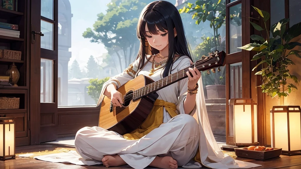 Create an anime-style image of a 16-year-old girl named Mellow. Mellow should have the following characteristics:Eyes: Blue, reflecting a serene and calm expression.Hair: Long, straight, and black, flowing smoothly down her back.Expression: Serene and peaceful, with a gentle smile that conveys tranquility.Outfit: Mellow should be dressed in a traditional Indian Anarkali suit, which is a long, flowy dress that is fitted at the top and flares out at the bottom. The Anarkali suit should be beautifully embroidered, reflecting traditional Indian style. Use rich and detailed colors and patterns to showcase intricate designs.Accessories: Minimal, such as a simple bracelet or necklace to highlight her natural beauty and the traditional attire.Pose and Setting:Pose: Emphasize Mellow playing the sitar. She should be sitting with the sitar in her hands, strumming the strings with a focused yet relaxed expression. Her posture should convey engagement with the music, showcasing her skill and passion for playing the sitar.Setting: The background should depict a cozy, well-lit indoor setting, creating a peaceful and relaxing atmosphere. Include elements like soft lighting, traditional Indian decor, and a serene ambiance to enhance the setting.Negative Prompt: Ensure no text is included in the image."